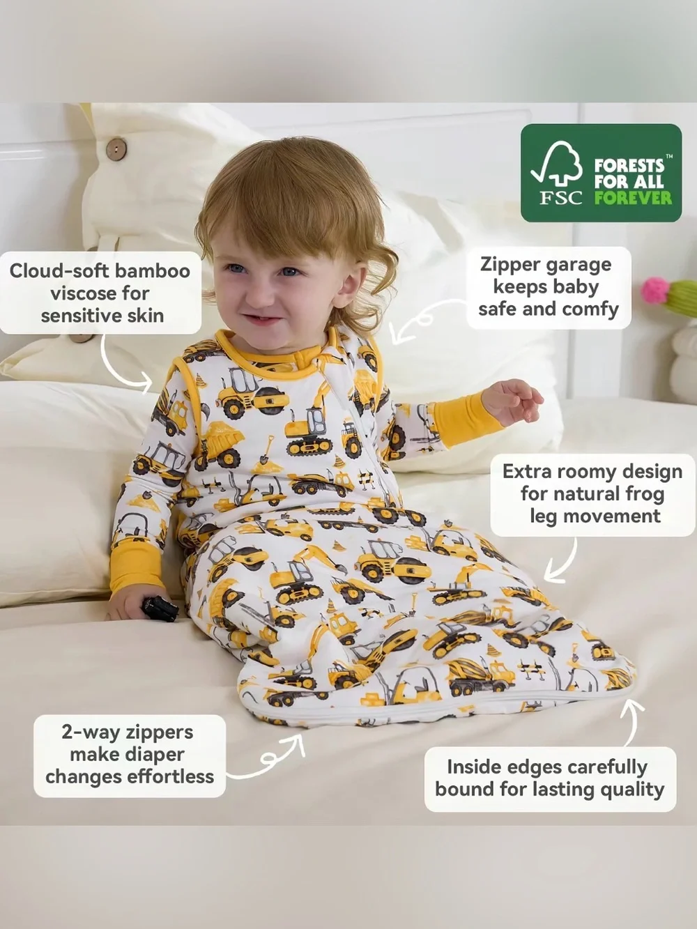 Baby Boy Bamboo Construction Sleep Sack 1.0 TOG Size M 6-18M NWT